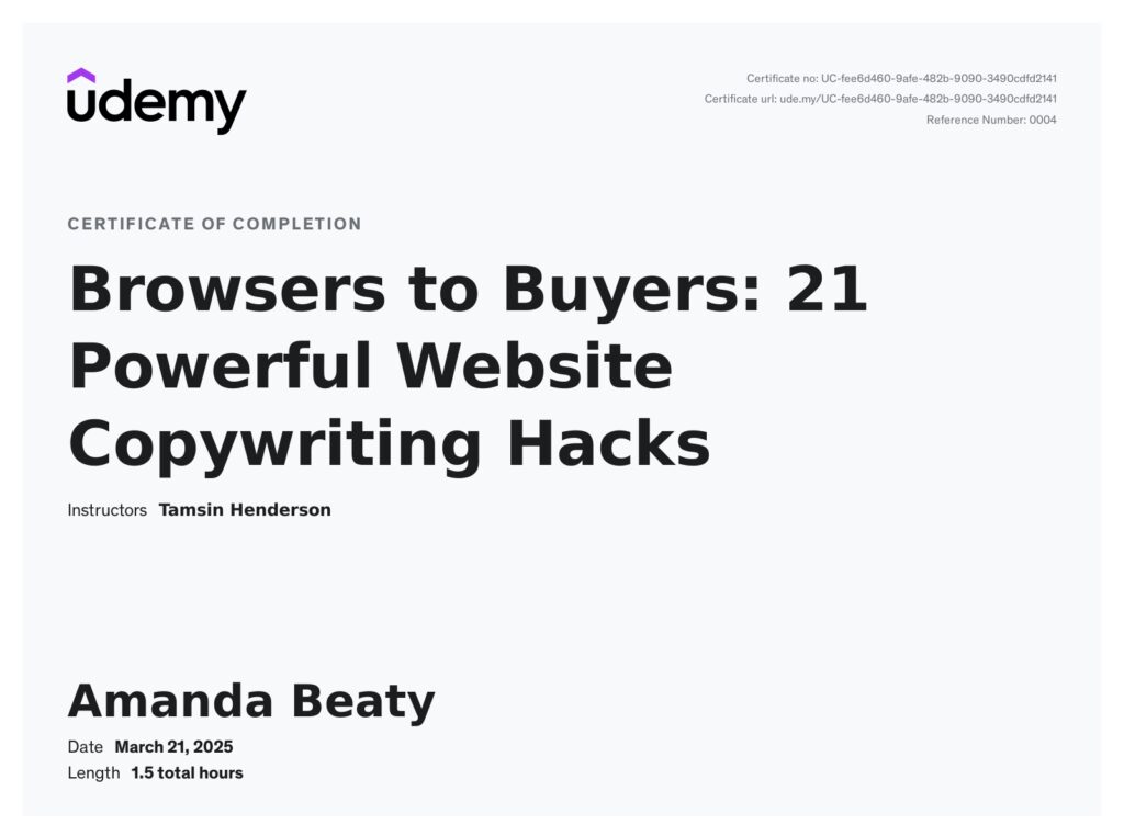 Browsers to Buyers - 21 Powerful Website Copywriting Hacks Certificate