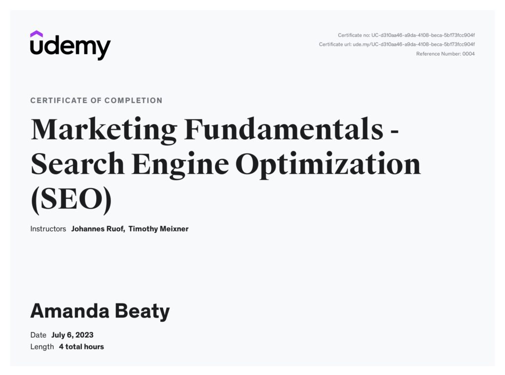 Marketing Fundamentals - Search Engine Optimization Certificate